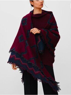 Aritzia Wilfred Diamond Mosaic 100% Wool Blanket Scarf Burgundy and Navy